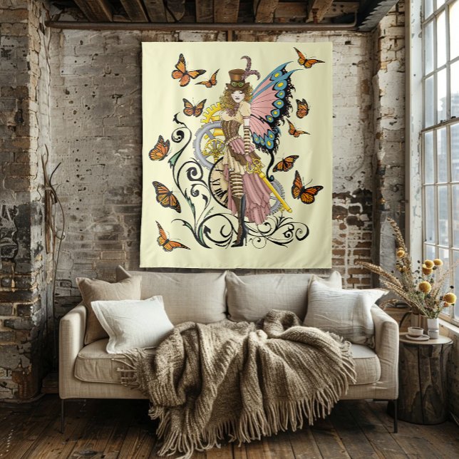 Steampunk Fairy Yellow Clock Gears Wandteppich (Von Creator hochgeladen)