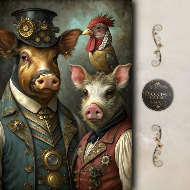 Steampunk Farm Animal Whimsical Vintage Decoupage Seidenpapier (Steampunk Farm Animal Portrait – Whimsical Vintage Art Decoupage Tissue Paper)