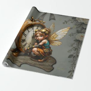 Steampunk-Fee mit goldenen Flügeln und antiker Uhr Geschenkpapier