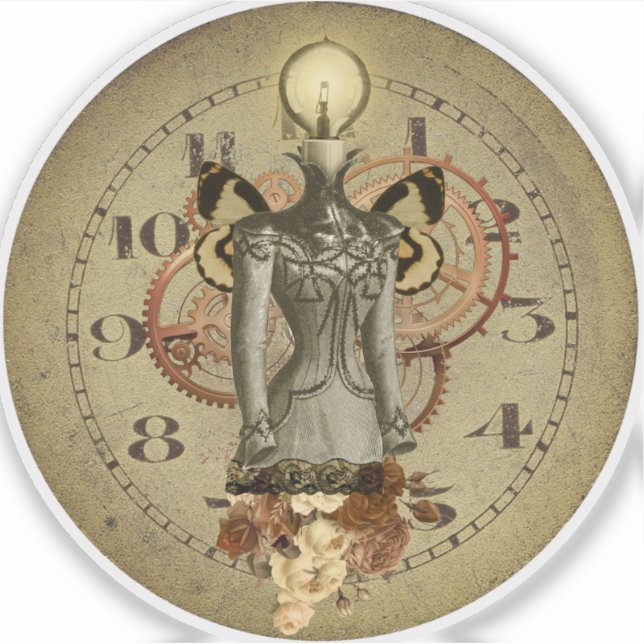Steampunk Female Bust Collage Medallion Aufkleber (Vorderseite)