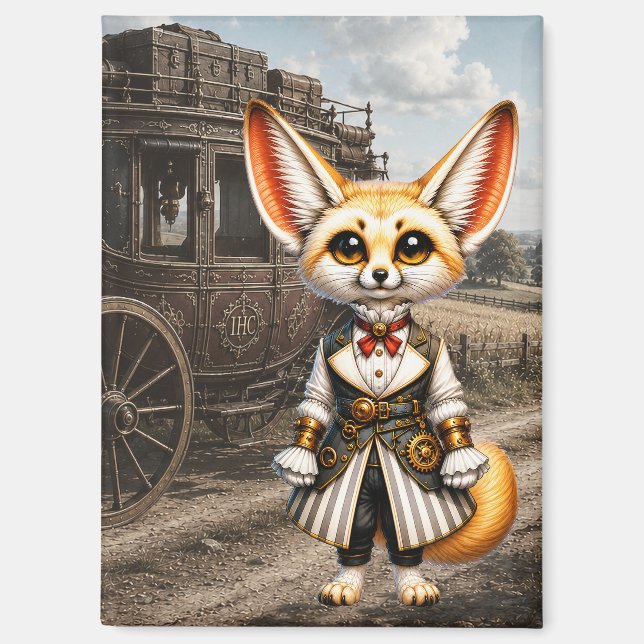 Steampunk-Fennec-Fuchs-Dame & Postkutsche Magnet (Vorderseite)