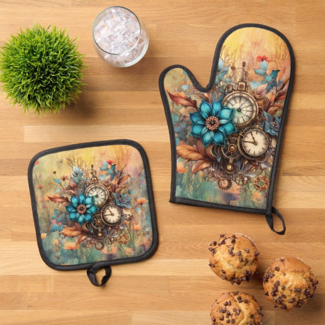 Steampunk Floral Ofenhandschuh & Topflappen-Set (Oben Unten)
