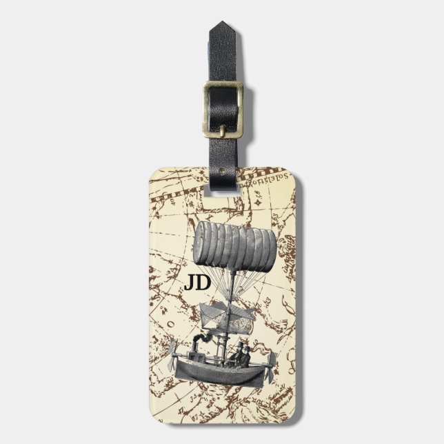 Steampunk Flying Boat auf Zodiac Map mit Initialen Gepäckanhänger (Vorderseite vertikal)