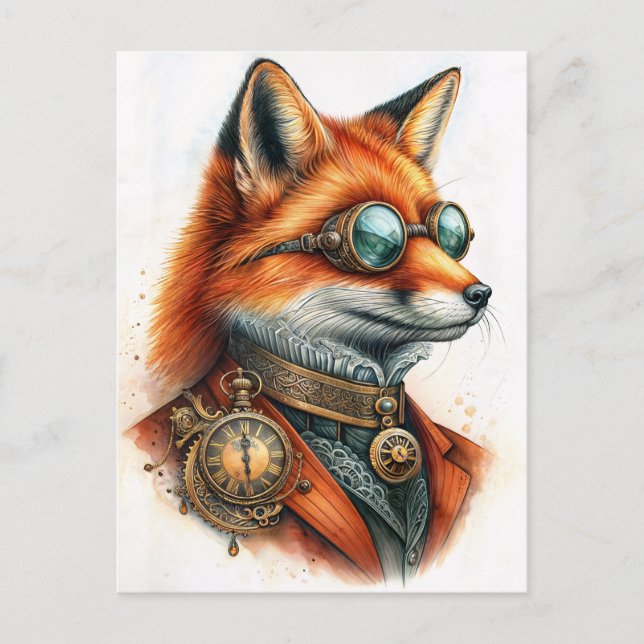Steampunk Fox - Timekeeper Watercolor Postkarte (Vorderseite)
