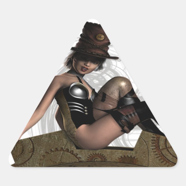 STEAMPUNK FRAU SITZT AUF GEAR DREIECKIGER AUFKLEBER (Vorderseite)