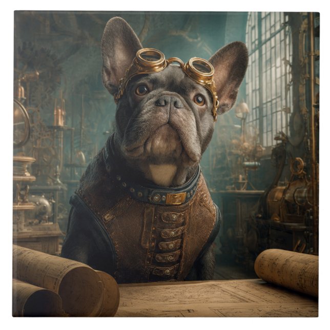 Steampunk Frenchie (Edition 2) - 15 cm x 15 cm Fliese (Vorderseite)