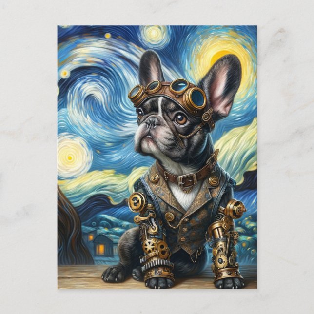 Steampunk Frenchie Puppy in der Sternennacht Postkarte (Vorderseite)