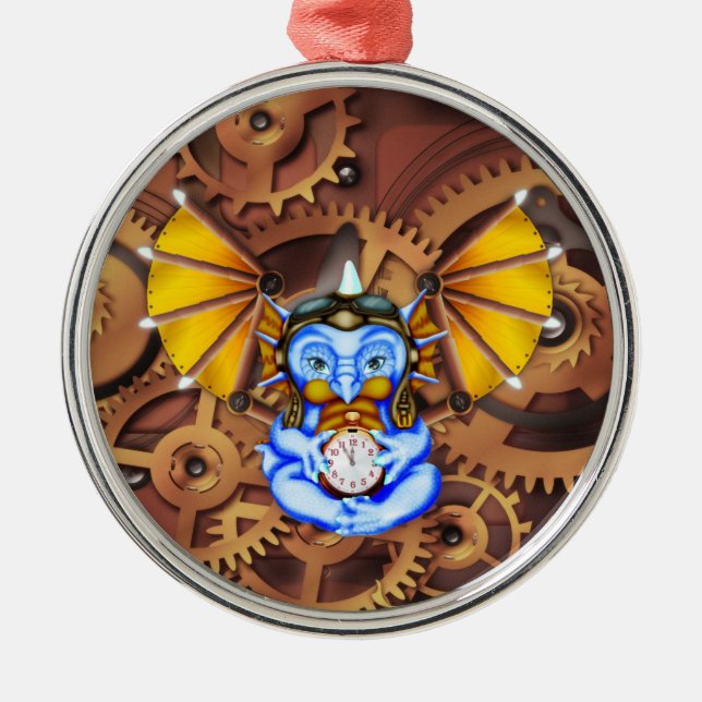 Steampunk "fünf bis zwölf" Dracheverzierung Silbernes Ornament (Vorne)