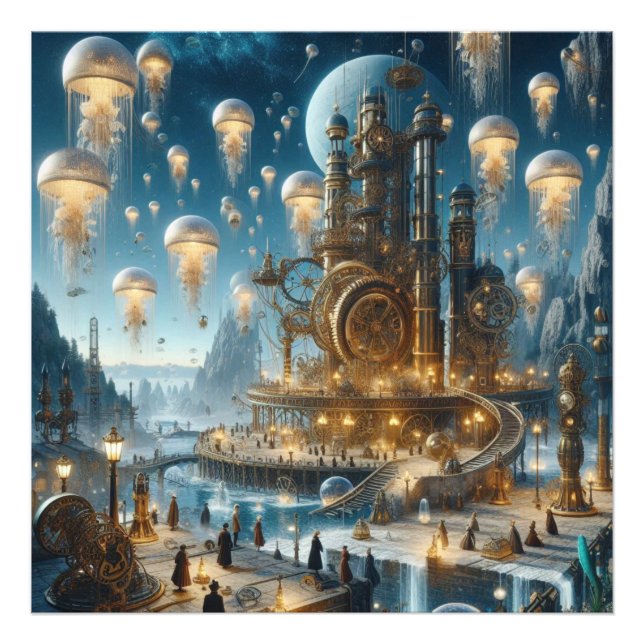 Steampunk Futuristic Ancient City mit Qualle Fotodruck (Vorne)
