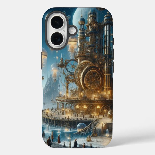 Steampunk Futuristic Ancient City mit Qualle iPhone 16 Hülle (Rückseite)