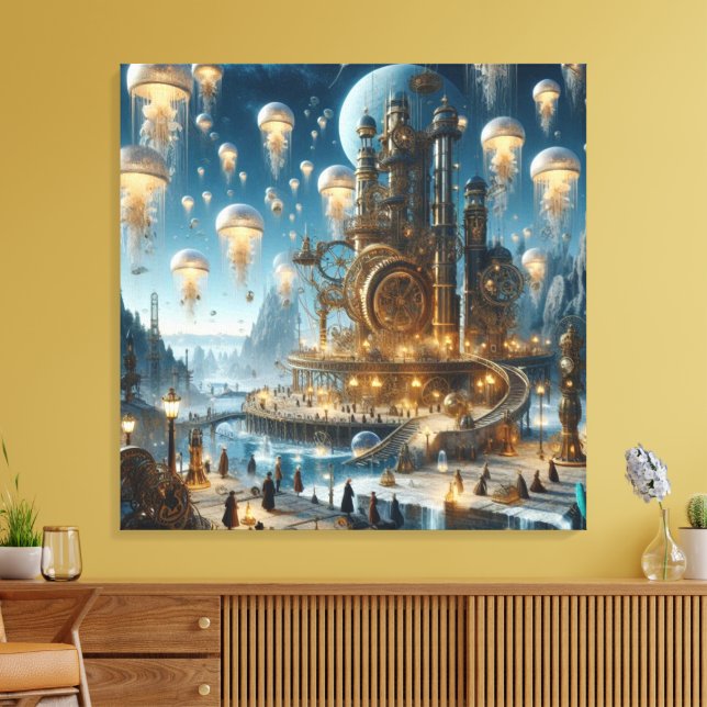 Steampunk Futuristic Ancient City mit Qualle Leinwanddruck (Insitu (Wohnzimmer))