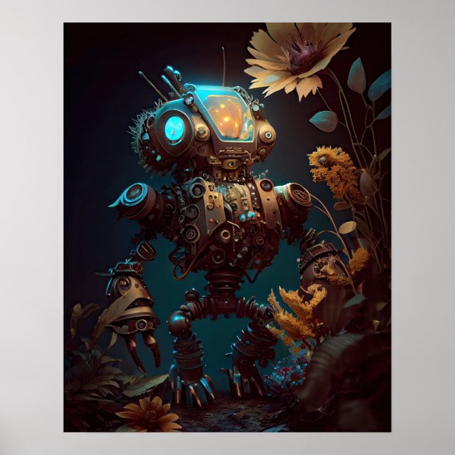 Steampunk Futuristic Robot & Blume Poster (Vorne)