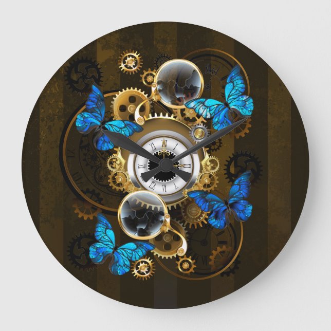 Steampunk Gears and Blue Butterflies Große Wanduhr (Vorderseite)