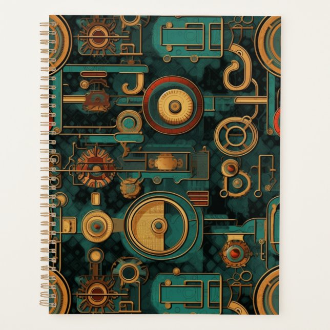 Steampunk Gears Aquamarin Red Gold Planer (Vorderseite)