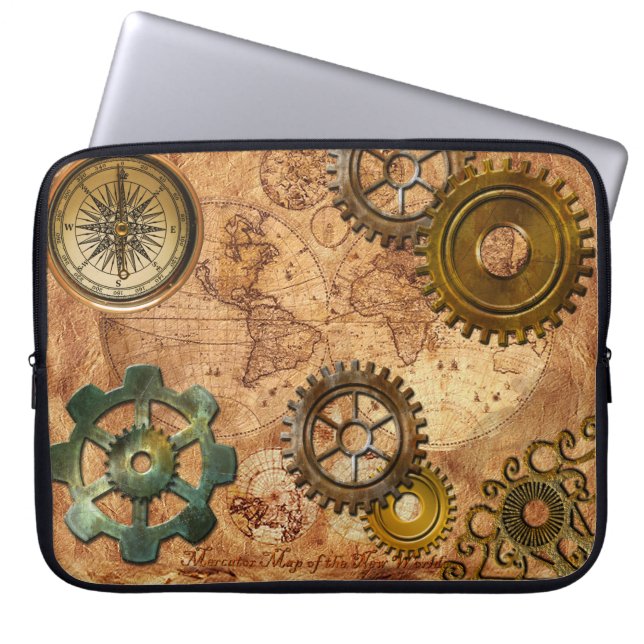 Steampunk Gears, Cogs, Brass Compass & Map Theme Laptopschutzhülle (Vorderseite)