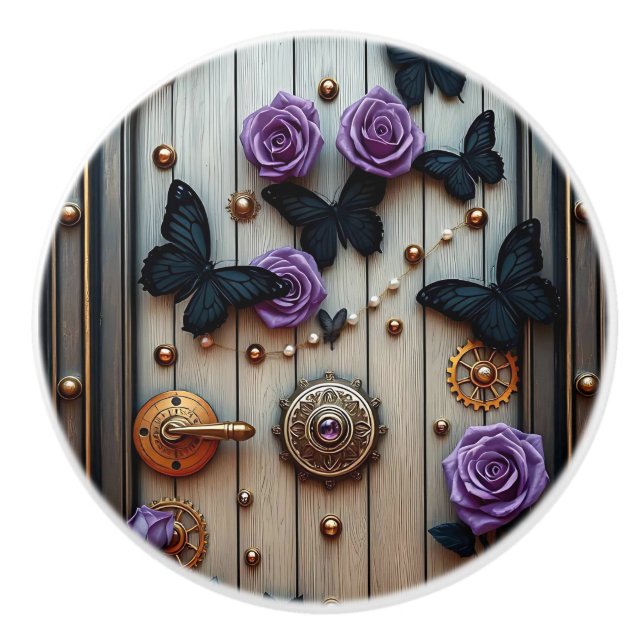 Steampunk Gears, Flowers and Butterflies Keramikknauf (Vorderseite)