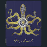 Steampunk Gears Octopus Kraken iPad Hülle<br><div class="desc">Das temperierte Steampunk-Seemonster auf diesem individuellen iPad Cover hat acht drahtseitige Goldapplikationen, einen zentralen silbernen Gang und viele Gänge und Schrauben, aus denen sich Kopf, Augen und Saugnäpfe zusammensetzen. Es ist ein Roboter-Oktopus / kraken, ein Metall-Maschine-Monster für jeden, der Geeky Science-Fiktion / Fantasy Kreaturen mag. Die Farbe des blauen Hintergrunds...</div>