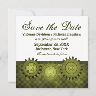 Steampunk Gears Save the Date einladen, grün Einladung