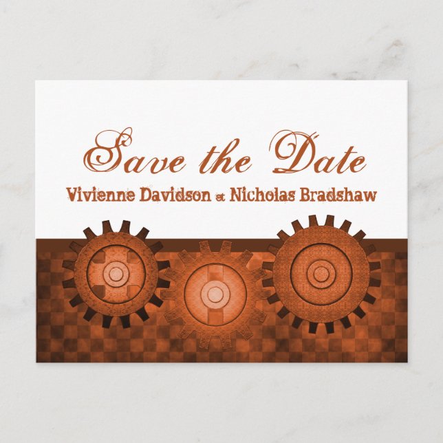Steampunk Gears Save the Date Postcard, Orange Ankündigungspostkarte (Vorderseite)