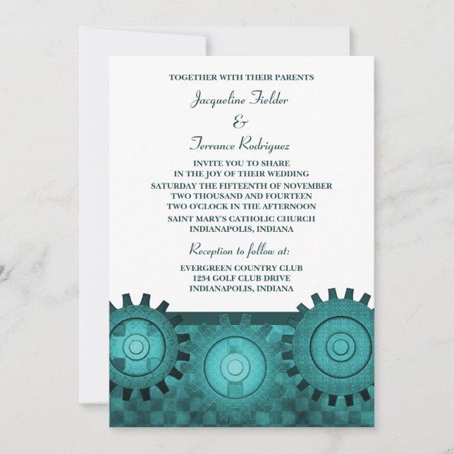 Steampunk Gears Wedding Invite, Aquamarin Einladung (Vorderseite)