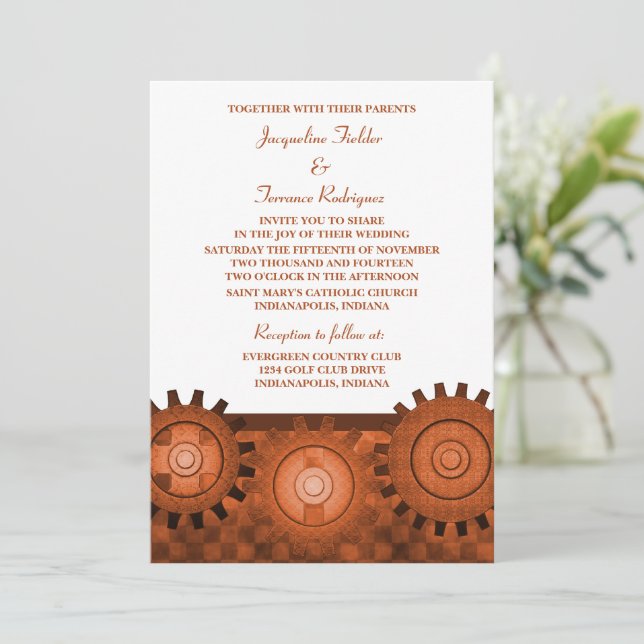 Steampunk Gears Wedding Invite, Orange Einladung (Stehend Vorderseite)