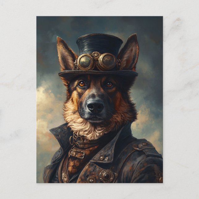 Steampunk German Shepherd Dog in Top Hat Postkarte (Vorderseite)