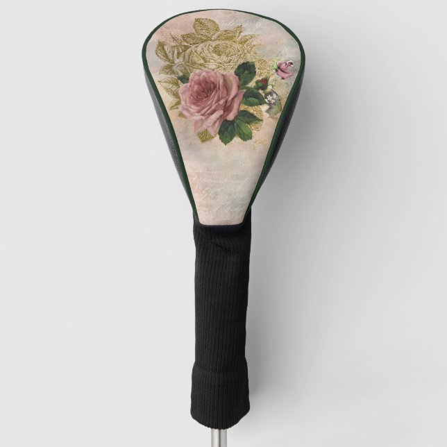 Steampunk Glam | Rosa und goldene Rose Rustikale F Golf Headcover (Vorderseite)