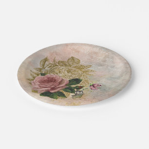 Steampunk Glam Rosa und goldene Rose Rustikale F Pappteller