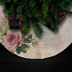 Steampunk Glam   Rosa und goldene Rose Rustikale F Polyester Weihnachtsbaumdecke