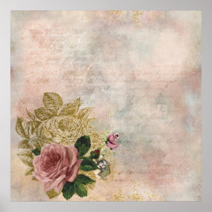 Steampunk Glam Rosa und goldene Rose Rustikale F Poster