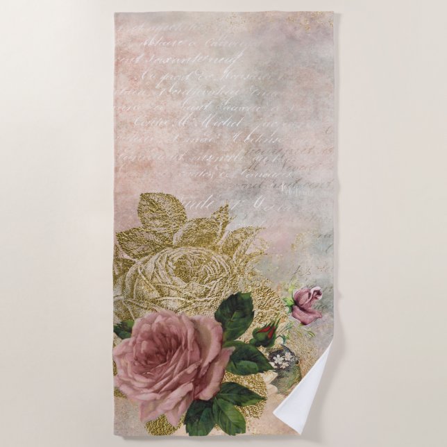 Steampunk Glam | Rosa und goldene Rose Rustikale F Strandtuch (Vorderseite)