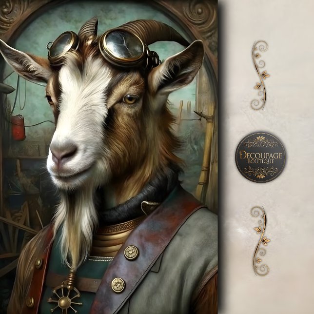 Steampunk Goat Whimsical Vintage Farm Decoupage Seidenpapier (Steampunk Goat Portrait – Whimsical Vintage Farm Art Decoupage Tissue Paper)