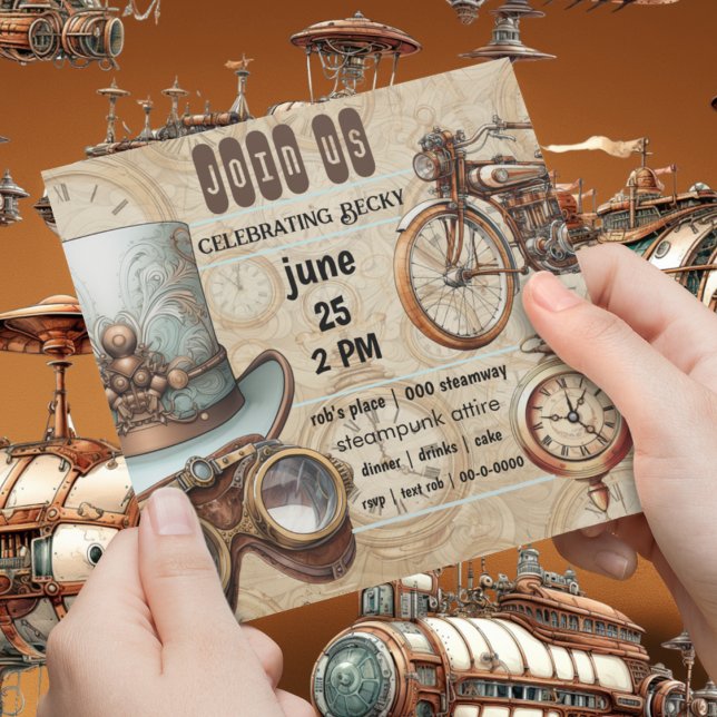 Steampunk Goggles Bike Top Hat Uhren Party Einladung (Steampunk industrial whimsical customizable birthday party or special occasion invitation)