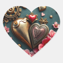 Steampunk, Gold Metal Hearts and Gears Herz-Aufkleber