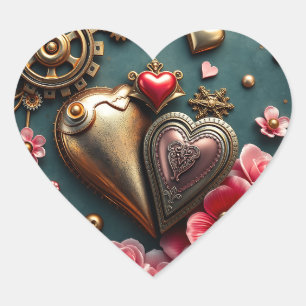 Steampunk, Gold Metal Hearts and Gears Herz-Aufkleber