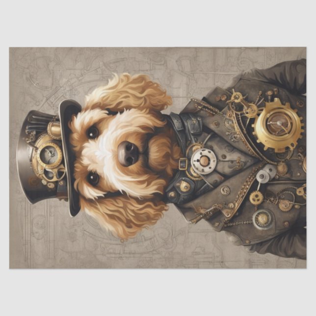 Steampunk Golden Doodle: Whimsical Decoupage Seidenpapier (Vorderseite)