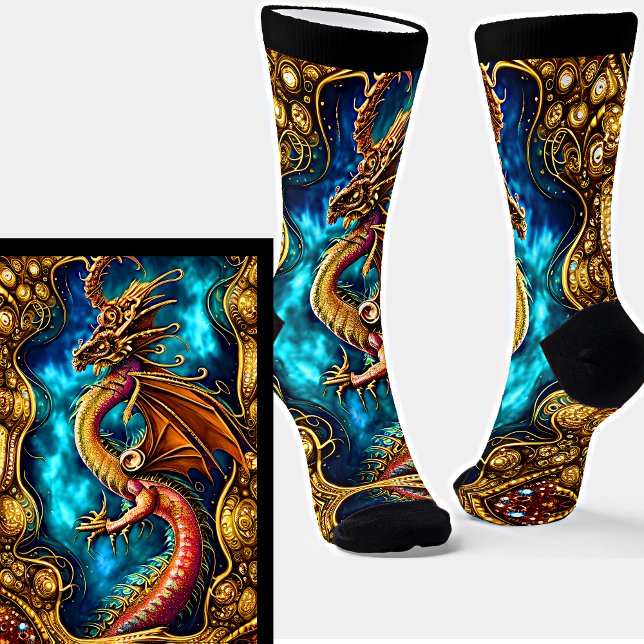 Steampunk Golden Dragon & Blue Sky auf Black Socken (Von Creator hochgeladen)