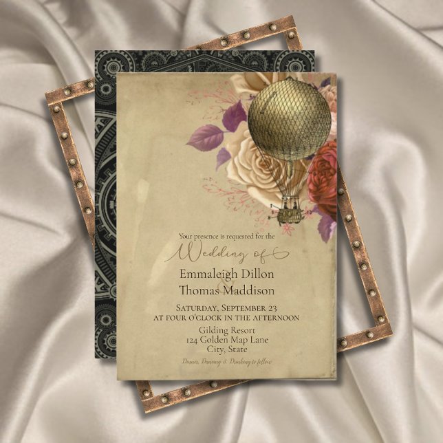 Steampunk Golden Hot Air Ballon Blues Hochzeit Einladung (Von Creator hochgeladen)