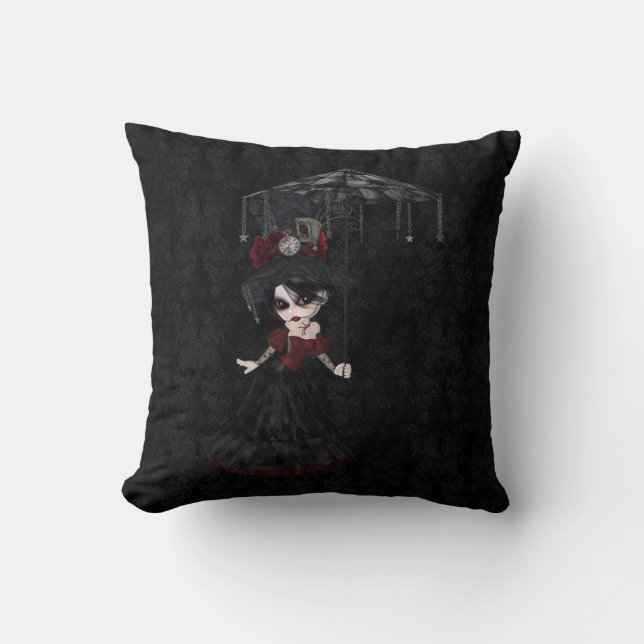 Steampunk Goth Mädchen-Schwarz-Damast-Kissen Kissen (Vorderseite)