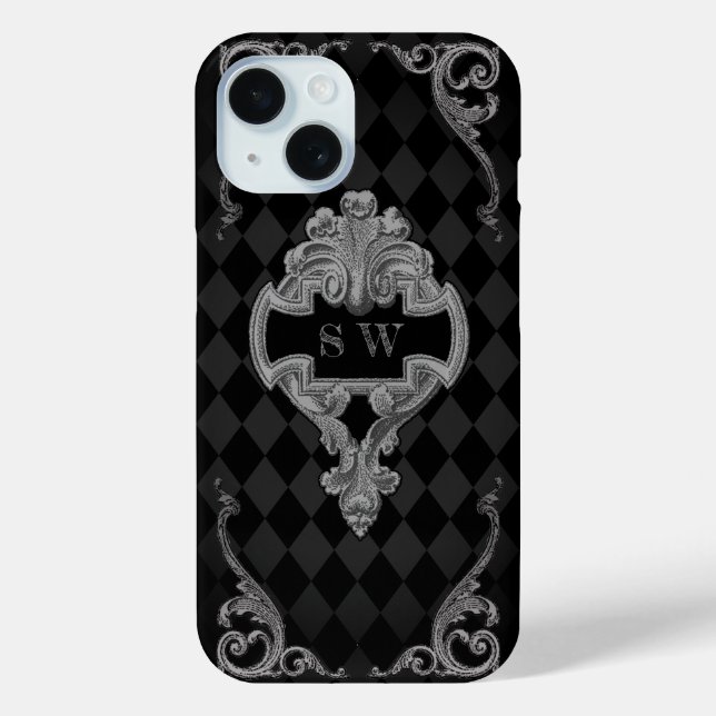 Steampunk-Goth-Monogramm iPhone 15 Hülle (Rückseite)