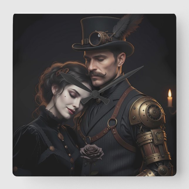 Steampunk Gothic Paar Quadratische Wanduhr (Vorderseite)