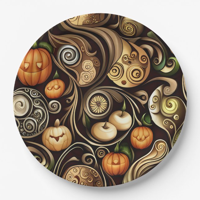 Steampunk Halloween Pumpkin & Swirl Papierplatte Pappteller (Vorderseite)