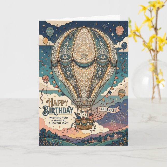 Steampunk-Heißluftballon-Abenteuer-Geburtstag Karte (Gelbe Blume)