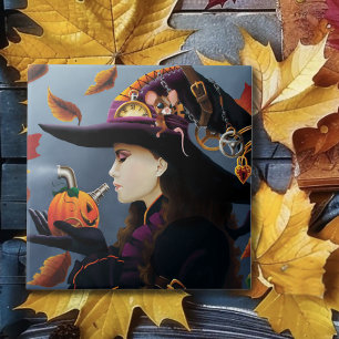 Steampunk Herbst Hexe Kürbis Uhrwerk Hut Fliese