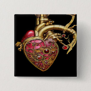 Steampunk-Herz Anatomische Rubine und Zahnräder Button
