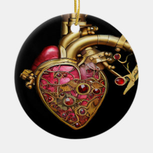 Steampunk-Herz Anatomische Rubine und Zahnräder Keramik Ornament