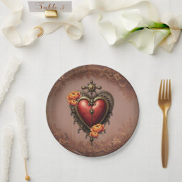 Steampunk Herz mit Blume. Pappteller