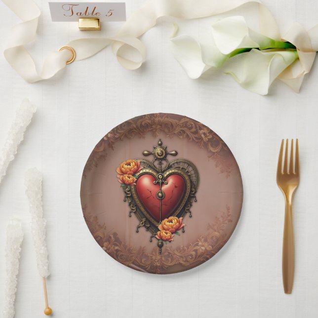 Steampunk Herz mit Blume. Pappteller (Hochzeit)