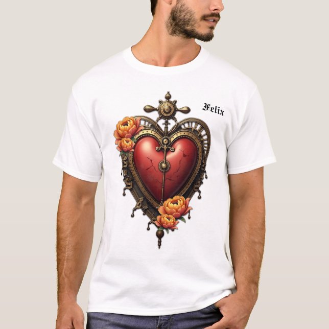 Steampunk Herz mit Blume. T-Shirt (Vorderseite)