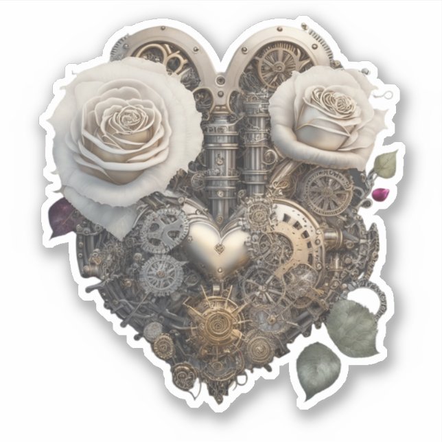 Steampunk Herz mit weißen Rosen Aufkleber (Vorderseite)